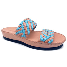 Load image into Gallery viewer, Orange And Aqua Blue Robert Zur Women&#39;s Gala Woven Leather And Double Strap Slide Sandal Profile View
