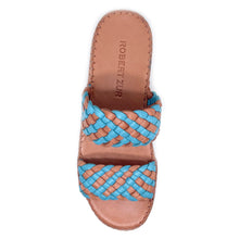 Load image into Gallery viewer, Orange And Aqua Blue Robert Zur Women&#39;s Gala Woven Leather And Double Strap Slide Sandal Top View
