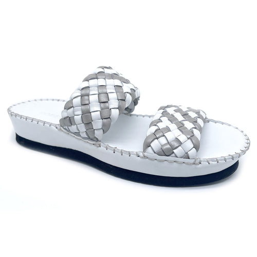 White And Grey Robert Zur Women's Gala Woven Leather And Metallic Leather Double Strap Slide Sandal Profile View