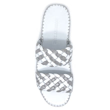 Load image into Gallery viewer, White And Grey Robert Zur Women&#39;s Gala Woven Leather And Metallic Leather Double Strap Slide Sandal Top View
