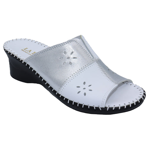 White And Silver With Black Sole Eric Michael Women's Gemini Perforated Metallic Leather And Leather Slide Sandal