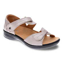 Load image into Gallery viewer, Champagne Light Grey With Black Sole Revere Women&#39;s Geneva Metallic Leather Closed Heel Double Strap Sandal Flat Profile View
