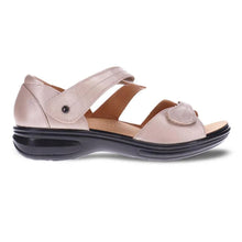 Load image into Gallery viewer, Champagne Light Grey With Black Sole Revere Women&#39;s Geneva Metallic Leather Closed Heel Double Strap Sandal Flat Side View
