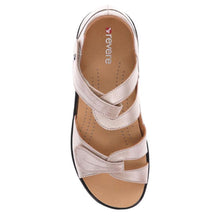 Load image into Gallery viewer, Champagne Light Grey With Black Sole Revere Women&#39;s Geneva Metallic Leather Closed Heel Double Strap Sandal Flat Top View
