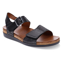 Load image into Gallery viewer, Black Pinaz Women&#39;s Georgia Textured Leather Triple Strap Flat Sandal Profile View
