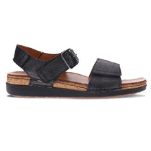 Load image into Gallery viewer, Black Pinaz Women&#39;s Georgia Textured Leather Triple Strap Flat Sandal Side View
