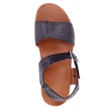 Load image into Gallery viewer, Black Pinaz Women&#39;s Georgia Textured Leather Triple Strap Flat Sandal Top View
