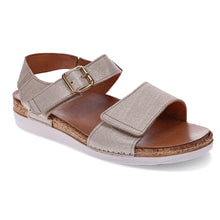 Load image into Gallery viewer, Gold Pinaz Women&#39;s Georgia Textured Leather Triple Strap Flat Sandal Profile View
