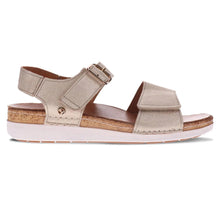 Load image into Gallery viewer, Gold Pinaz Women&#39;s Georgia Textured Leather Triple Strap Flat Sandal Side View
