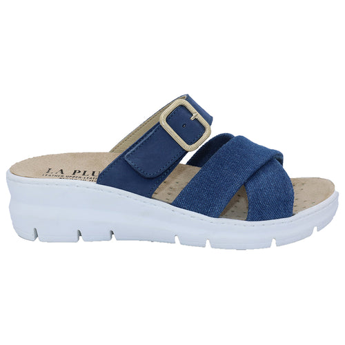 Denim Blue With White Sole Eric Michael Women's Gila Suede And Fabric Cross Strap Slide Sandal