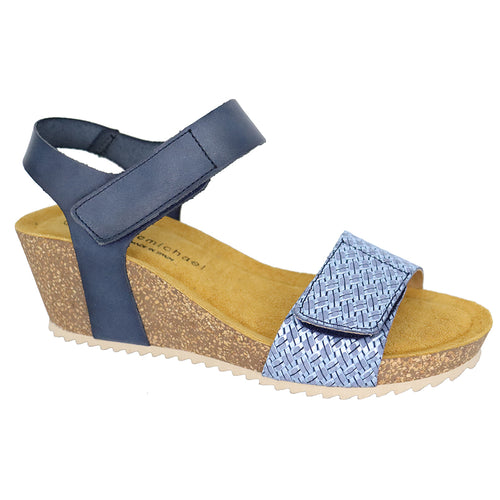 Navy Blue With Beige Sole Eric Michael Women's Gypsy Leather And Weaved Leather Quarter Strap Wedge Sandal