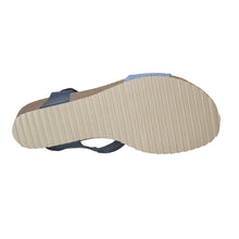 Load image into Gallery viewer, Navy Blue With Beige Sole Eric Michael Women&#39;s Gypsy Leather And Weaved Leather Quarter Strap Wedge Sandal Sole View
