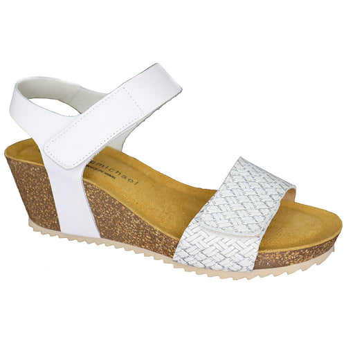 White With Beige Sole Eric Michael Women's Gypsy Leather And Weaved Leather Quarter Strap Wedge Sandal