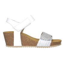 Load image into Gallery viewer, White With Beige Sole Eric Michael Women&#39;s Gypsy Leather And Weaved Leather Quarter Strap Wedge Sandal Side View
