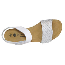 Load image into Gallery viewer, White With Beige Sole Eric Michael Women&#39;s Gypsy Leather And Weaved Leather Quarter Strap Wedge Sandal Top View
