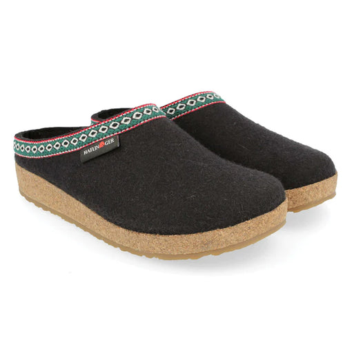 Black With Beige Sole Haflinger Men's Grizzly Clog Wool With Embroidered Decorative Collar Slippers