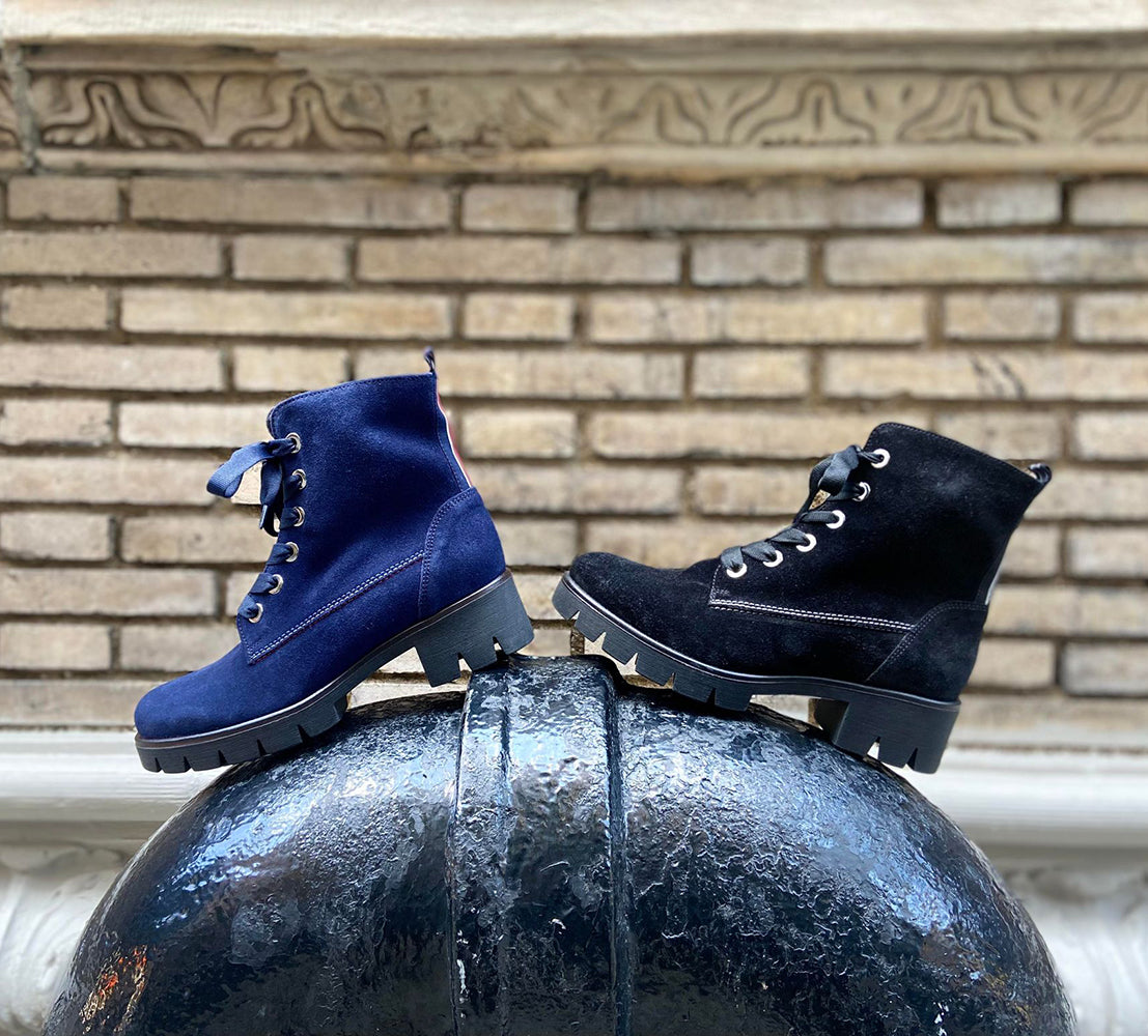 Gabor 31711 Suede Combat Boots Lifestyle Duo On Black Pipe Brick Background Harry's Shoes Upper West Side NYC
