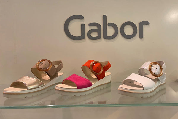 Gabor Women's 44645 Triple Strap Wedge Sandals Lifestyle Trio On Display Harry's Shoes Upper West Side NYC