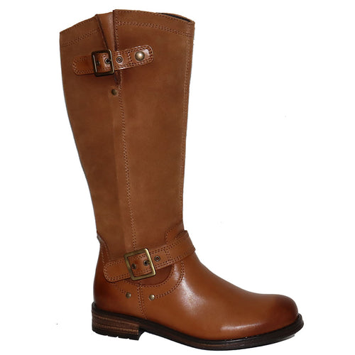 Cognac Tan Eric Michael Women's Helena Waterproof Leather And Suede Double Buckle Strap Knee High Riding Boot
