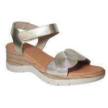 Load image into Gallery viewer, Gold With Beige Sole Eric Michael Women&#39;s Honey Metallic Leather Triple Strap Wedge Sandal Profile View
