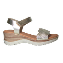 Load image into Gallery viewer, Gold With Beige Sole Eric Michael Women&#39;s Honey Metallic Leather Triple Strap Wedge Sandal Side View
