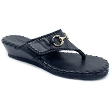 Load image into Gallery viewer, Black Robert Zur Women&#39;s Jee Leather Thong Sandal With Gold Link Profile View

