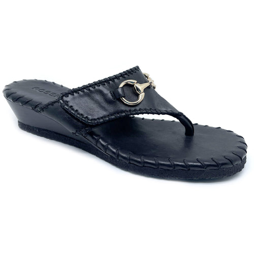 Black Robert Zur Women's Jee Leather Thong Sandal With Gold Link Profile View