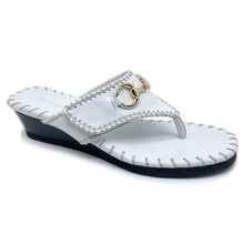Load image into Gallery viewer, White With Black Sole Robert Zur Women&#39;s Jee Leather Thong Sandal With Gold Link Profile View
