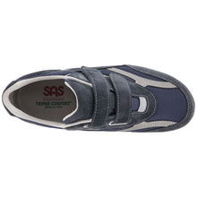 Load image into Gallery viewer, Dark Blue With Grey And White SAS Men&#39;s JV Leather And Mesh Double Velcro Strap Sneaker Top View
