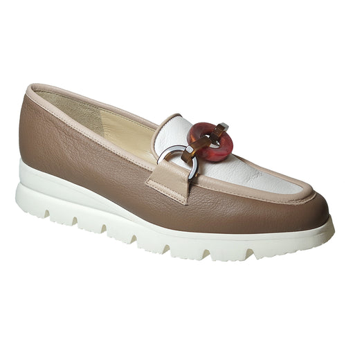 Brown And Tan With White Brunate Women's Andre Leather Loafer With Multi Color Link Ornamentation