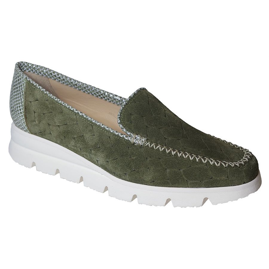 Seafoam Green With White Sole Brunate Women's Amaya Woven Suede With Snake Print Leather Trim Casual Loafer