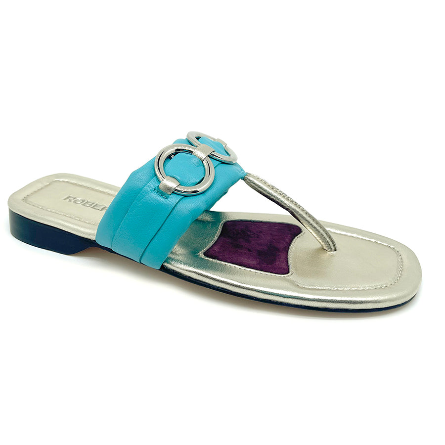 Turquoise Blue And Gold With Black Sole Robert Zur Women's Kai Leather And Metallic Leather Thong Sandal With Three Silver Ring Adornments