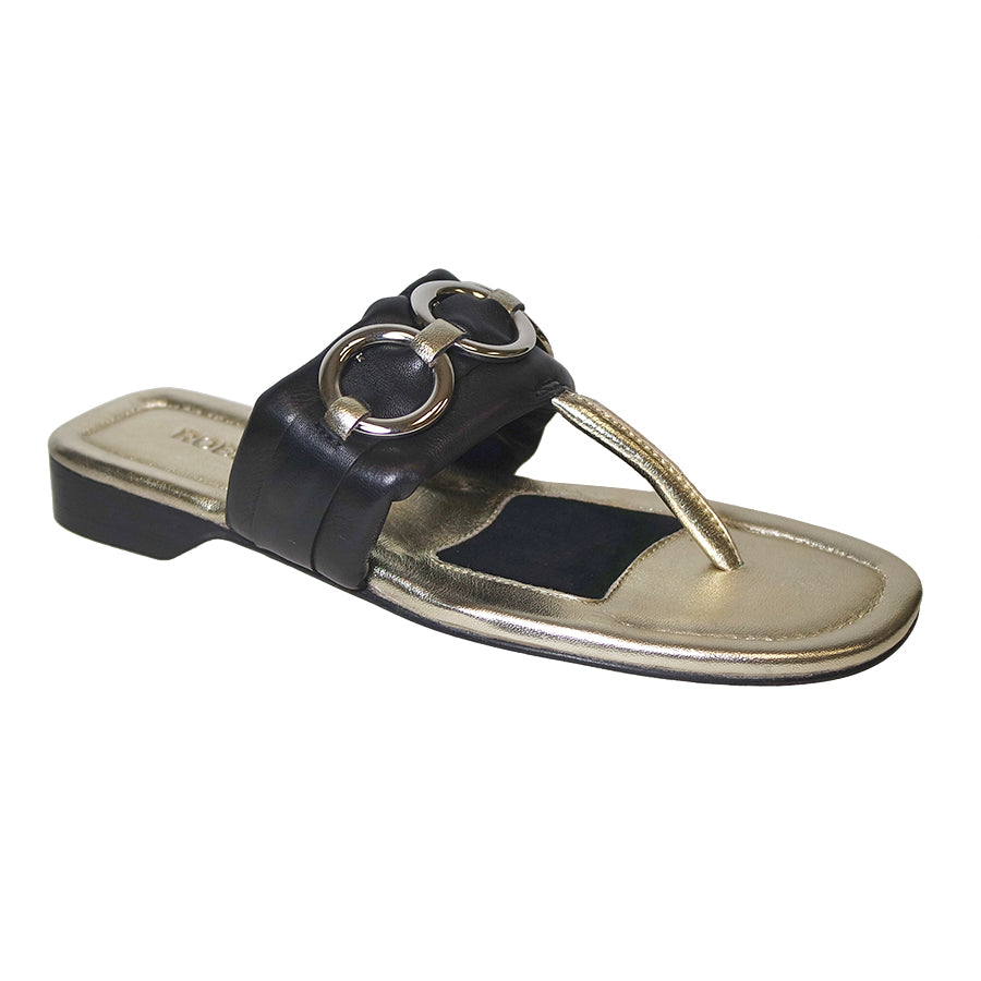 Black And Gold With Black Sole Robert Zur Women's Kai Leather And Metallic Leather Thong Sandal With Three Ring Adornments