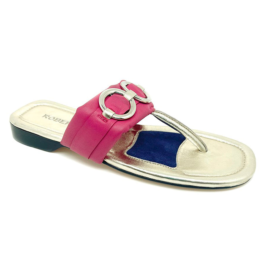 Fuschia Pink And Gold With Black Sole Robert Zur Women's Kai Leather And Metallic Leather Thong Sandal With Three Silver Ring Adornments