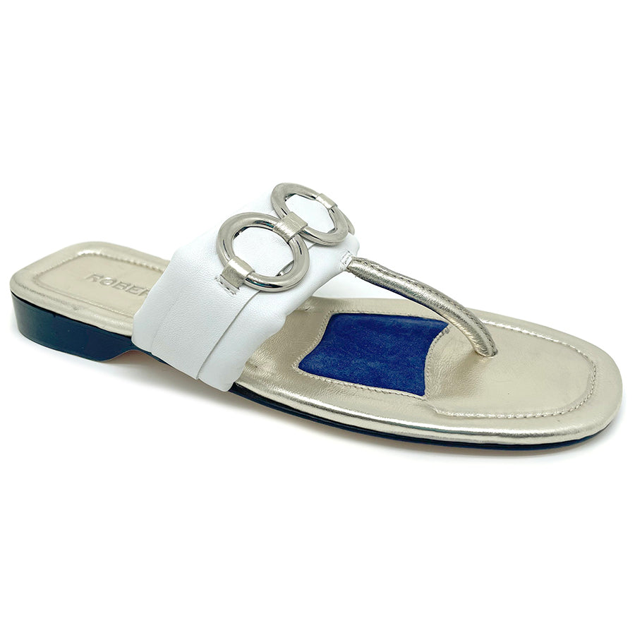 White And Gold With Black Sole Robert Zur Women's Kai Leather And Metallic Leather Thong Sandal With Three Silver Ring Adornments