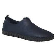 Load image into Gallery viewer, Blackish Blue Eric Michael Women&#39;s Kara Suede With Black Furry Lining Slip On Shoe Profile View
