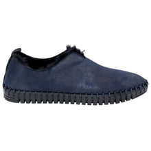 Load image into Gallery viewer, Blackish Blue Eric Michael Women&#39;s Kara Suede With Black Furry Lining Slip On Shoe Side View
