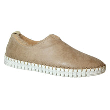 Load image into Gallery viewer, Taupe Dark Beige With White Sole Eric Michael Women&#39;s Kara Suede With Tan Furry Lining Slip On Shoe Profile View

