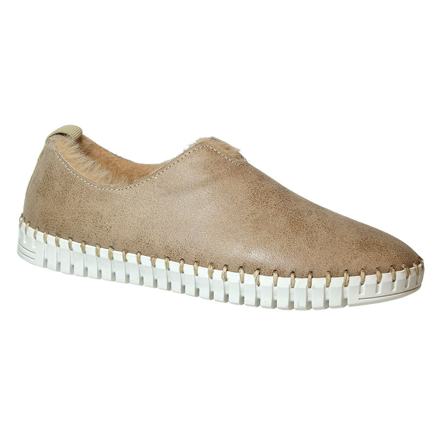 Taupe Dark Beige With White Sole Eric Michael Women's Kara Suede With Tan Furry Lining Slip On Shoe Profile View