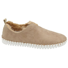 Load image into Gallery viewer, Taupe Dark Beige With White Sole Eric Michael Women&#39;s Kara Suede With Tan Furry Lining Slip On Shoe Side View

