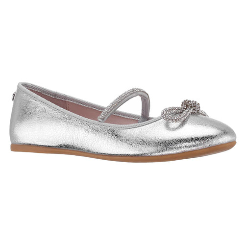 Silver With Tan Sole Nina Doll Kendalla Metallic Fabric Dress Ballet Flat With Rhinestone Bow Sizes 10 to 13 and 1 to 6 Profile View
