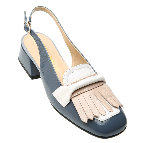 Smoke Blue And White With Black Sole Brunate Women's Anton Patent Leather Slingback Dress Casual Heeled Sandal With Beige Leather Fringe Ornament Profile View
