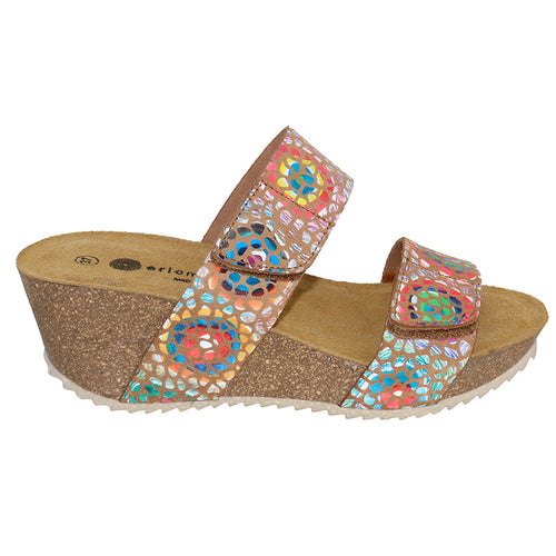 Tan With Multi Color Mosaic Eric Michael Women's Lilly II Printed Leather Double Velcro Strap Wedge Sandal