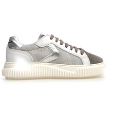 Load image into Gallery viewer, Silver And White Voile Blanche Women&#39;s Lipari Metallic Leather And Suede Sneaker Side View
