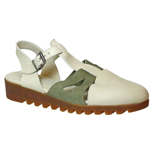 Faience Beige And Green With Brown Sole Arche Women's Lomyei Nubuck TStrap Closed Toe Sandal