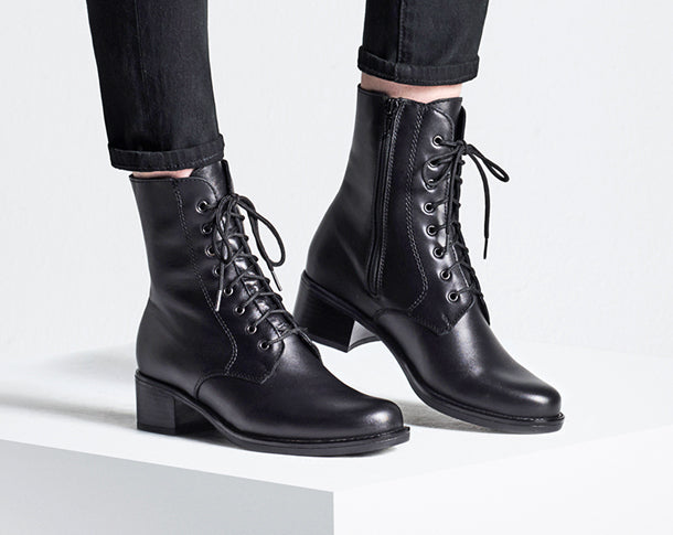 La Canadienne Women's Palmina Lace Up Leather Boot Lifestyle Woman Wearing On Cube Harry's Shoes Upper West Side NYC