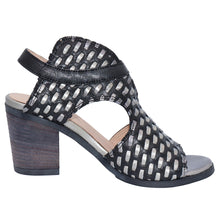 Load image into Gallery viewer, Black With Silver Lacing Eric Michael Women&#39;s Madrid Leather High Heel Backstrap Sandal Side View
