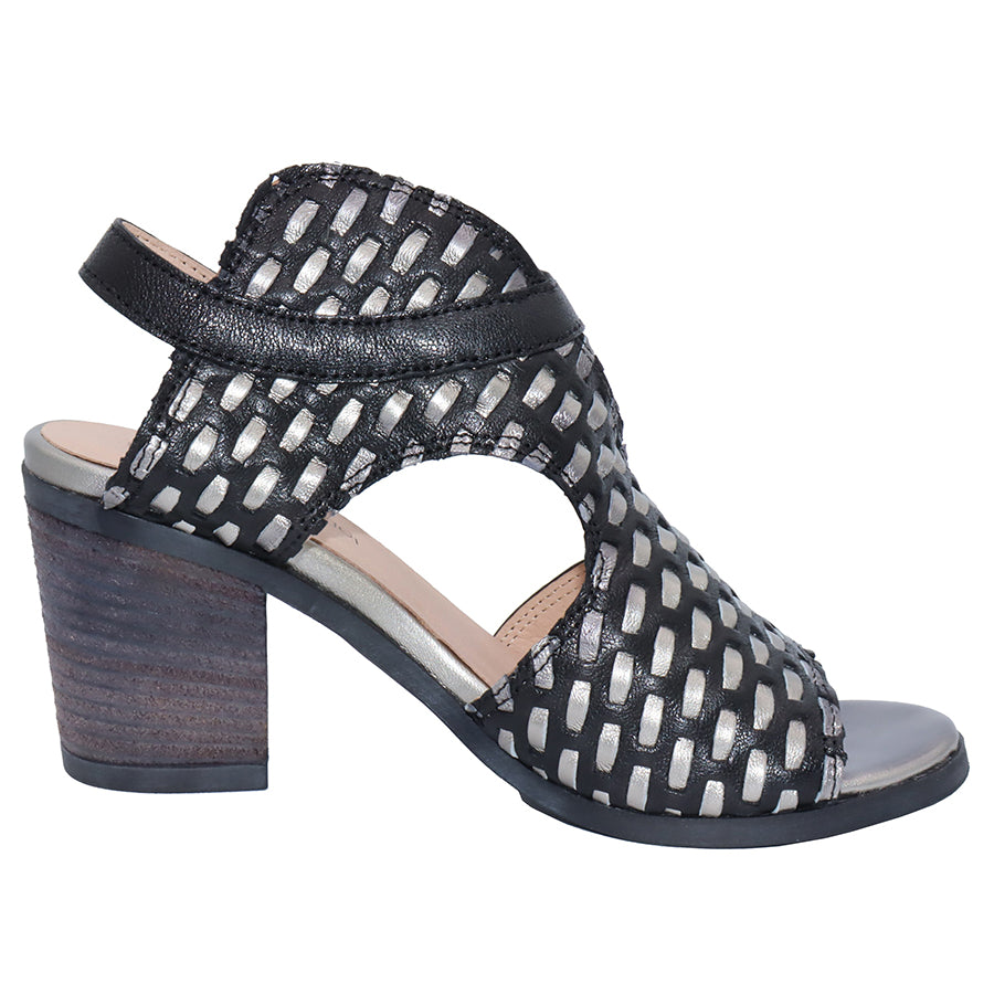 Black With Silver Lacing Eric Michael Women's Madrid Leather High Heel Backstrap Sandal