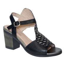 Load image into Gallery viewer, Black With Silver Lacing Eric Michael Women&#39;s Madrid Leather High Heel Backstrap Sandal Profile View
