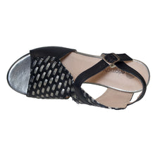 Load image into Gallery viewer, Black With Silver Lacing Eric Michael Women&#39;s Madrid Leather High Heel Backstrap Sandal Top View
